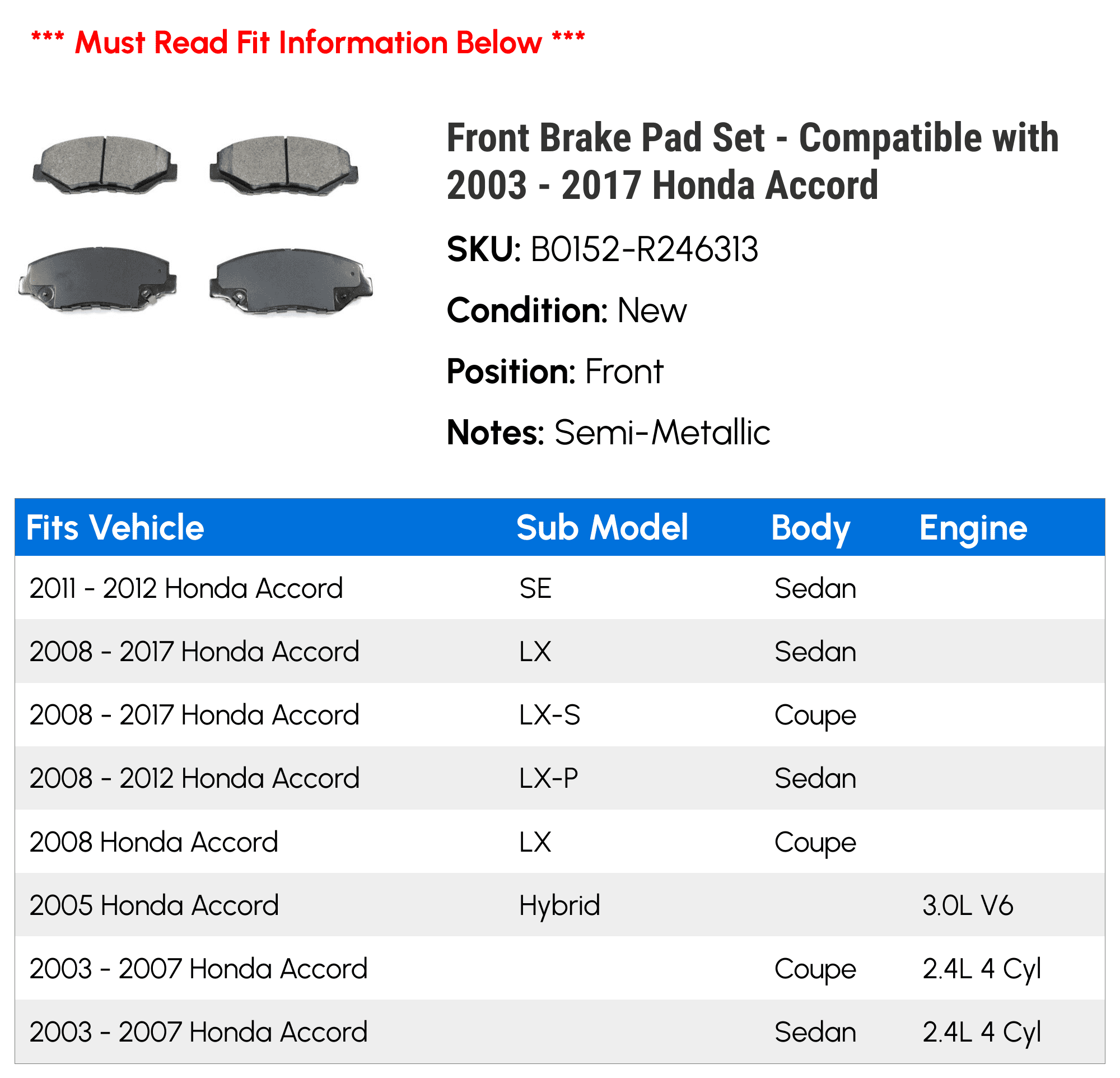 Front Brake Pad Set - Compatible with 2003 - 2017 Honda