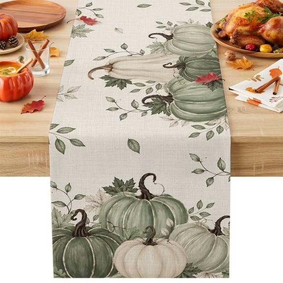 Table Runner 108 Inches Long, Sage Green Pumpkin Fall Decorative Table Runner for Party Wedding Home Decor, Thanksgiving Rustic Botanical Dresser Scarves for Bedroom Kitchen Tables Decor 13x108 Inch