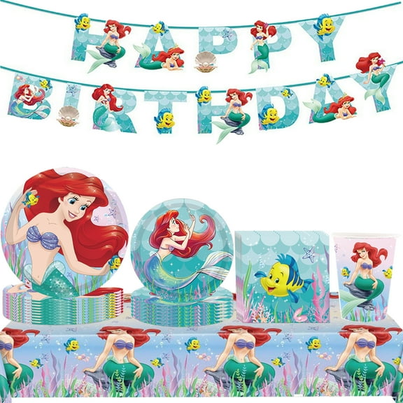 Ariel Birthday Decorations | Princess Party Decorations | Serves 10 | Banner, Tablecover, Plates, Napkins
