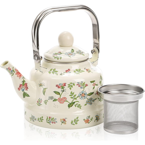 CZQ 1.8 Quart Vintage Enamel Stovetop Tea Kettle, Retro Green Floral Enamel on Steel Teapot Tea Maker with Removable Infuser for Camping, Gift for Wedding Housewarming Thanksgiving Christmas