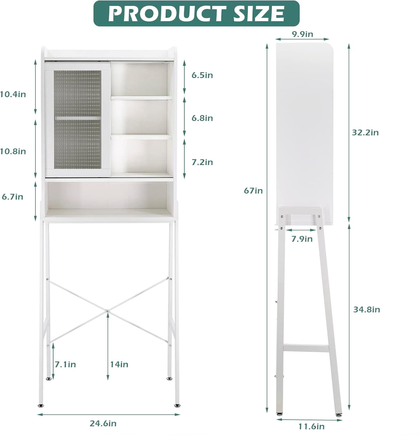 Reliancer Over The Toilet Storage Cabinet with Adjustable Shelves, Bathroom Space Saver Organizer Shelves, Freestanding Space Saver with Acrylic Sliding Door, Metal Frame, White