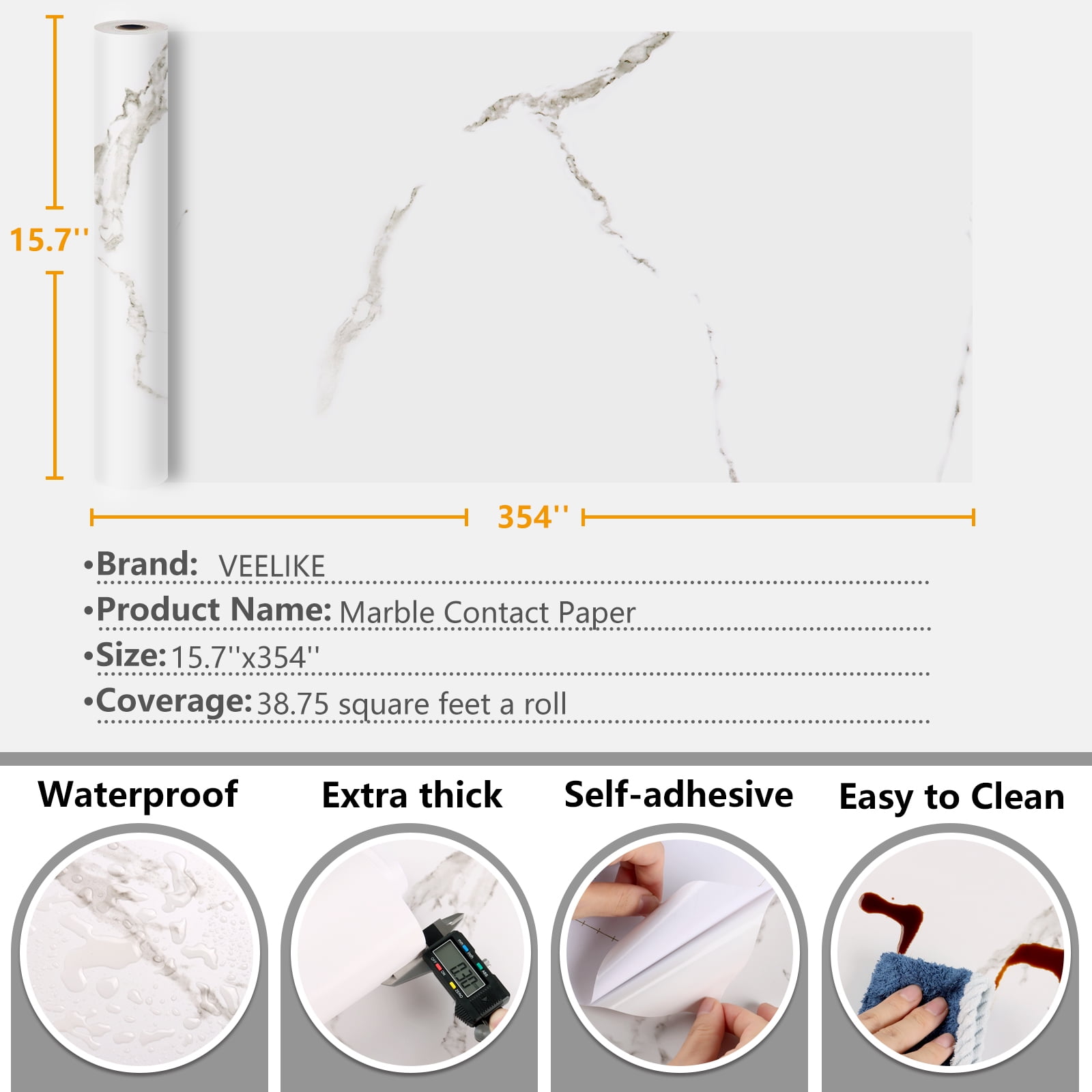 VEELIKE Matte White Marble Contact Paper for Countertops Peel and Stick Self Adhesive Kitchen Counter Top Contact Paper Marble Vinyl Wallpaper for Bathroom Walls Cabinets Table Desk 15.7''x354''