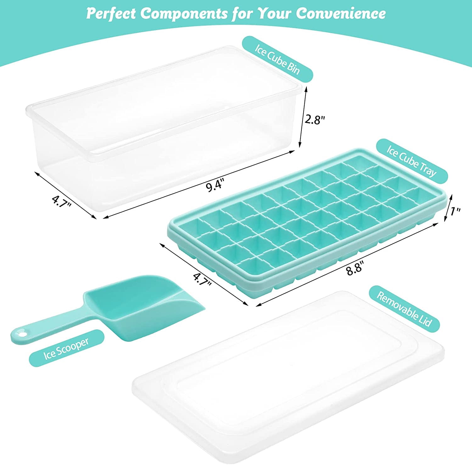 Silicone Ice Cube Tray with Leak-Proof Lid & Storage Bin for Freezer – BPA-Free 36-Piece Nugget Ice Molds, Spill-Resistant Cover & Ice Scoop Container Cover Green