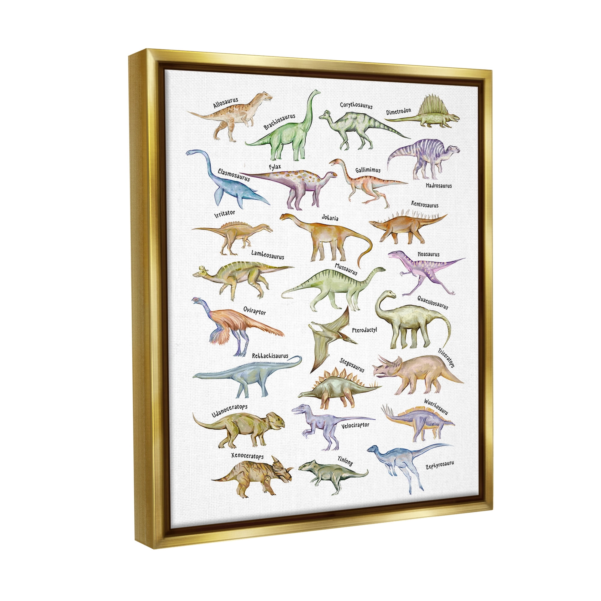 Stupell Industries Educational Ancient Dinosaurs Animals & Insects Painting Gold Floater Framed Canvas Art Print Wall Art, 17 x 21