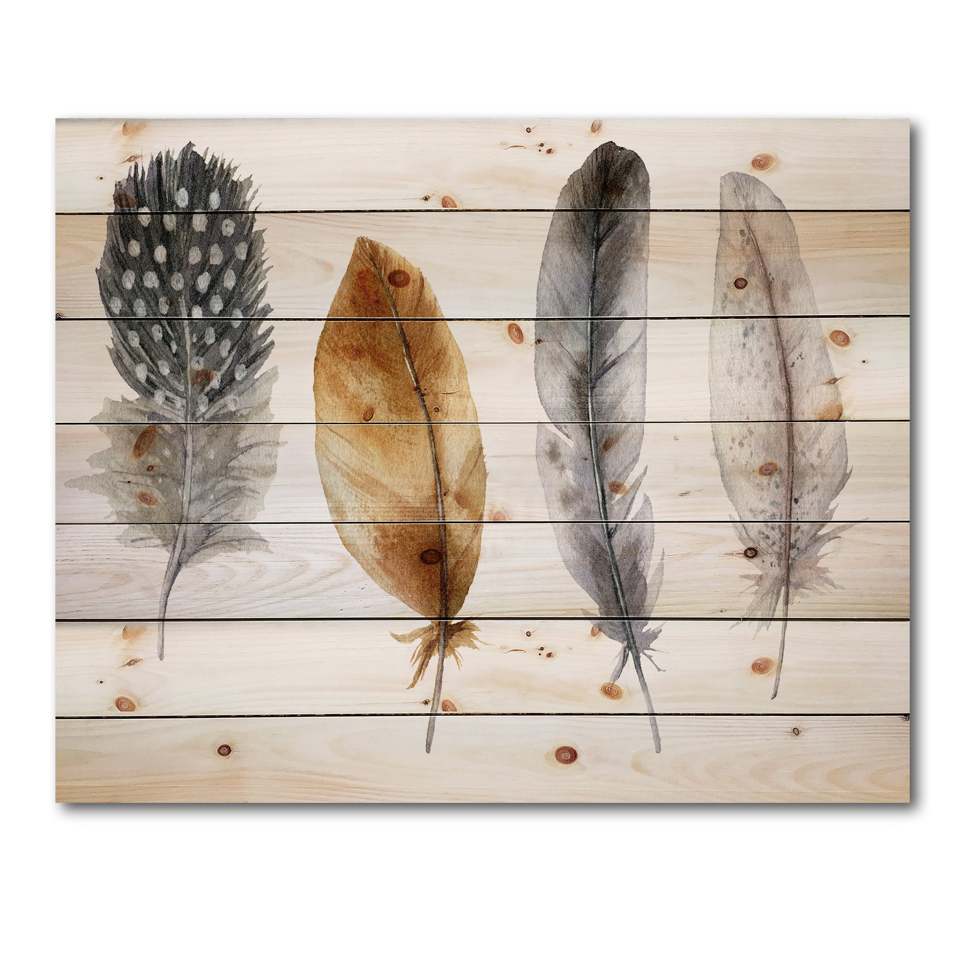 Designart 'Boho Feather In Blue and Orange Striped & Polka Dost' Bohemian & Eclectic Print on Natural Pine Wood