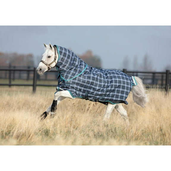 Rhino Plus Pony Turnout Blanket (200g Medium, 100g Hood), Navy Check (Teal Trim), Size: 54