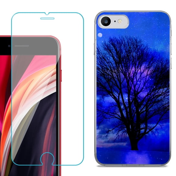 Slim-Fit Fashion Gel Phone Case for iPhone SE 2022, with Tempered Glass Screen Protector, by OneToughShield ® - Night Tree