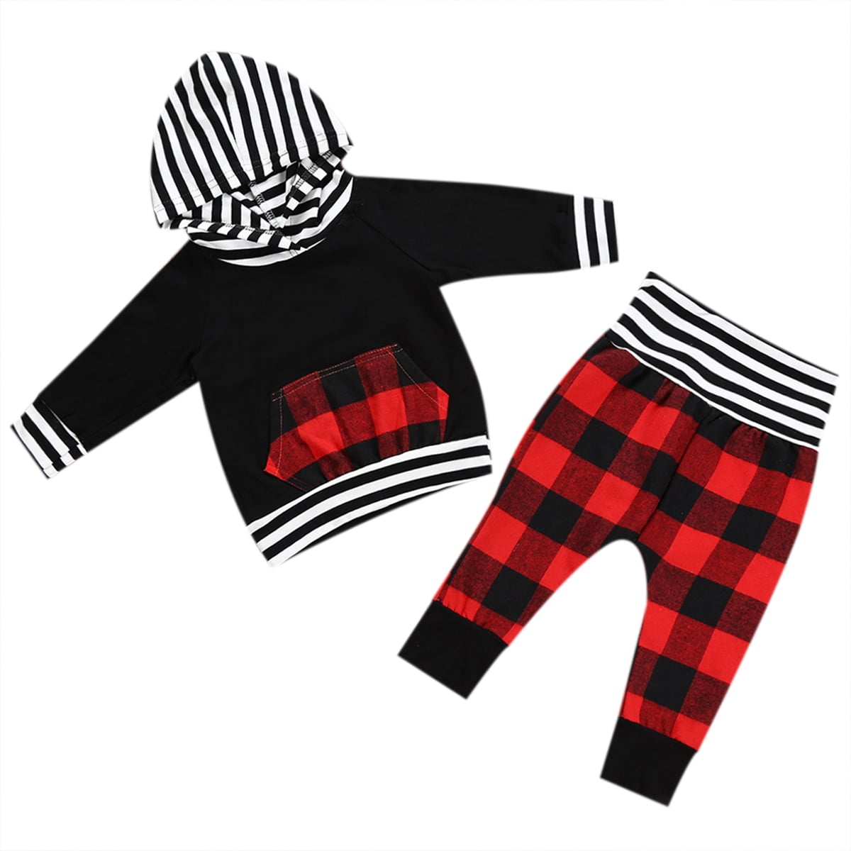Onefa Boys Girls Infant Toddler Baby Plaid Hooded Pullover Tops Pants Outfits Set