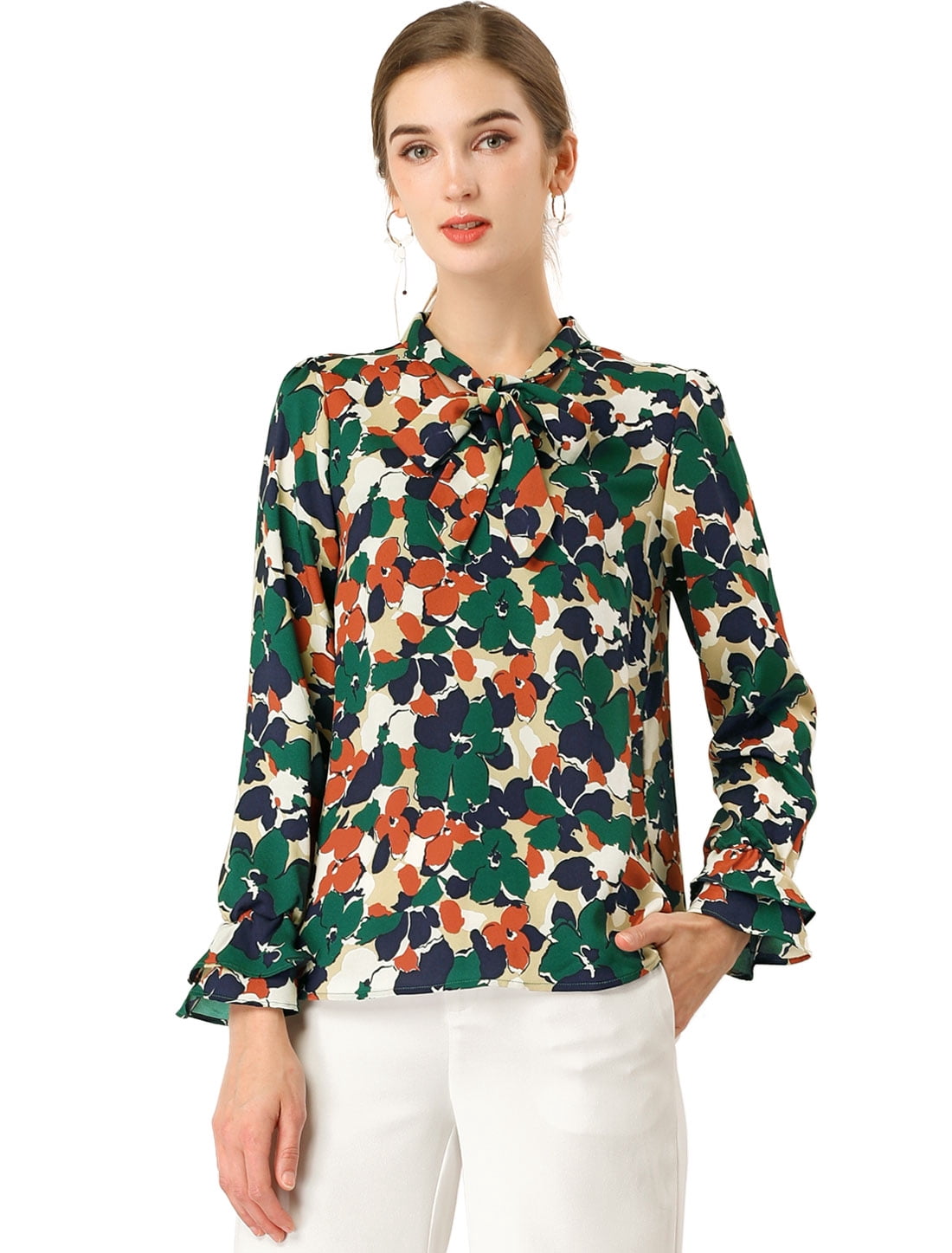 DARING DIVA Women's Tie V Neck Floral Shirt Trumpet Blouse XS Green