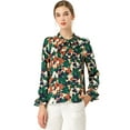 thumbnail image 2 of Blusa con cuello en V y lazo floral para mujer, camisa de manga larga con volantes y trompeta vintage, top Verde L, 2 of 6