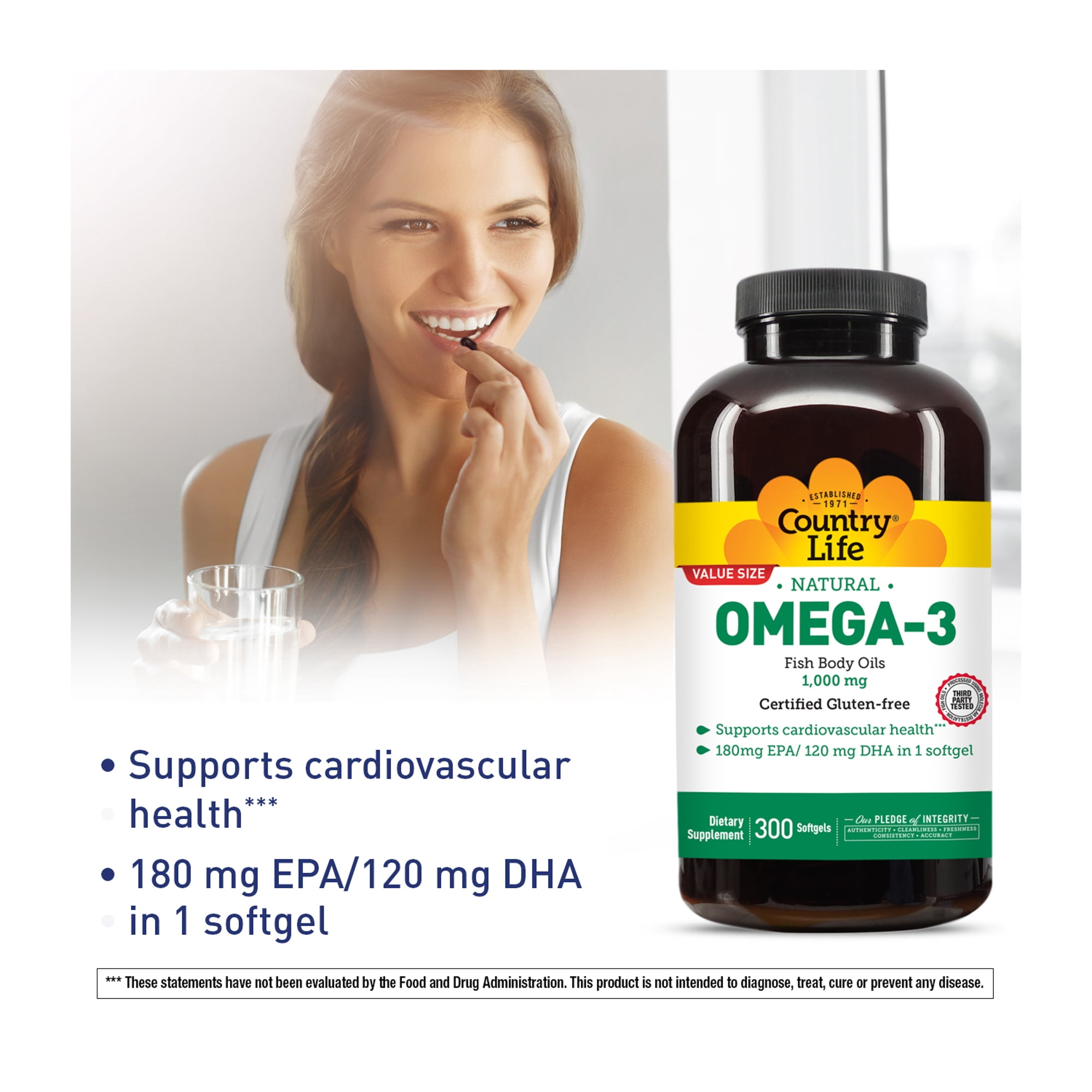 Country Life Omega-3 Fish Oil Supplement, 1000mg, 180mg EPA & 120mg DHA, Fish Oil Concentrate, Burpless, 300 Softgels, Certified Gluten Free