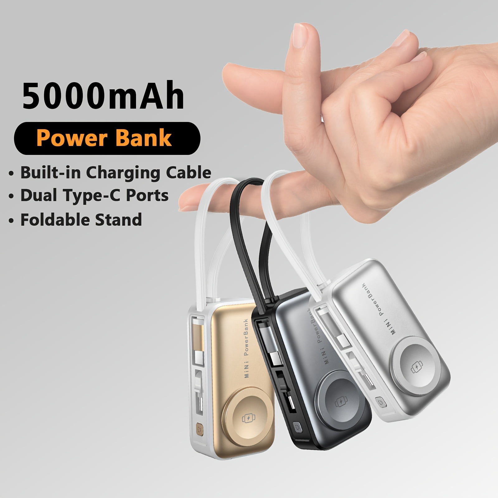 3-in-1 Power Bank For Apple, 5000mAh Portable Charger With USB-C Port, Built-in Cable For Travel, For IPhone 17 16 15 Series, for apple Watch & AirPods