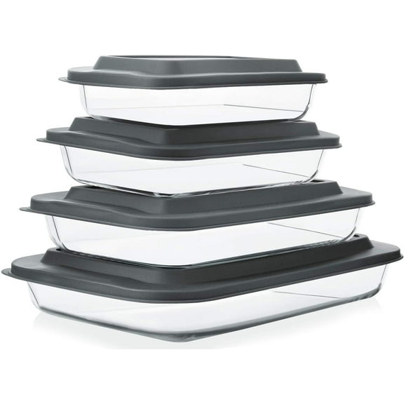 8-Piece Deep Glass Baking Dish Set with Plastic lids,Rectangular Glass Bakeware Set with Lids, Baking Pans for Lasagna, Leftovers, Cooking, Kitchen, Freezer-to-Oven and Dishwasher, Gray