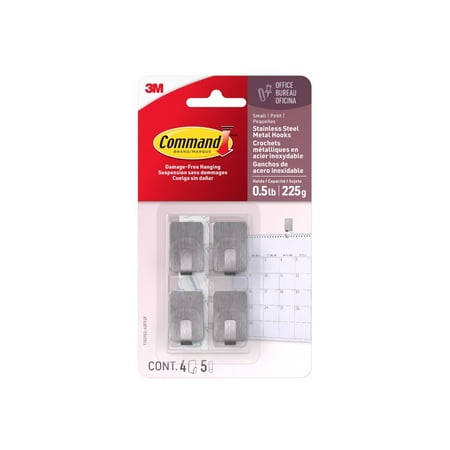 Command Small Stainless Steel Metal Hooks, 4 Hooks, 5 Strips per Pack
