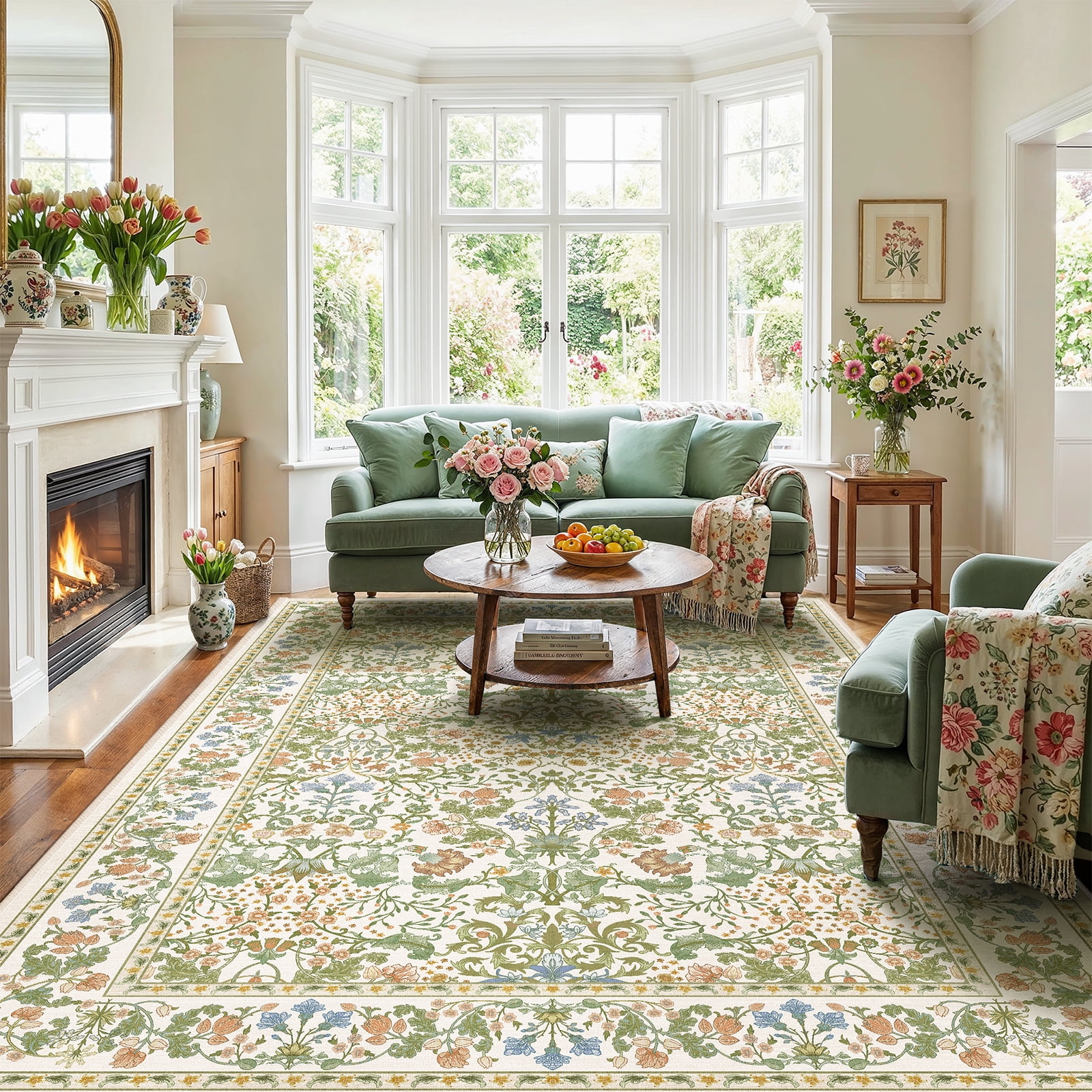 CHITOOMA 8'x10' Area Rugs for Living Room, Floral Washable Rug Boho Non-Slip Printed Carpet, Vintage Stain Resistant Indoor Rug for Bedroom Dining Room Home Office