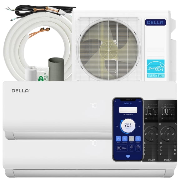 DELLA 20K BTU ODU 2 Dual Zone 9000 9000 BTU Wifi Mini Split Air Conditioner Work with Alexa, 20 SEER2 208-230V Cools Up to 800 Sq.Ft Multi Zone Ductless Pre-Charged Heat Pump, 16ft Installation Kits