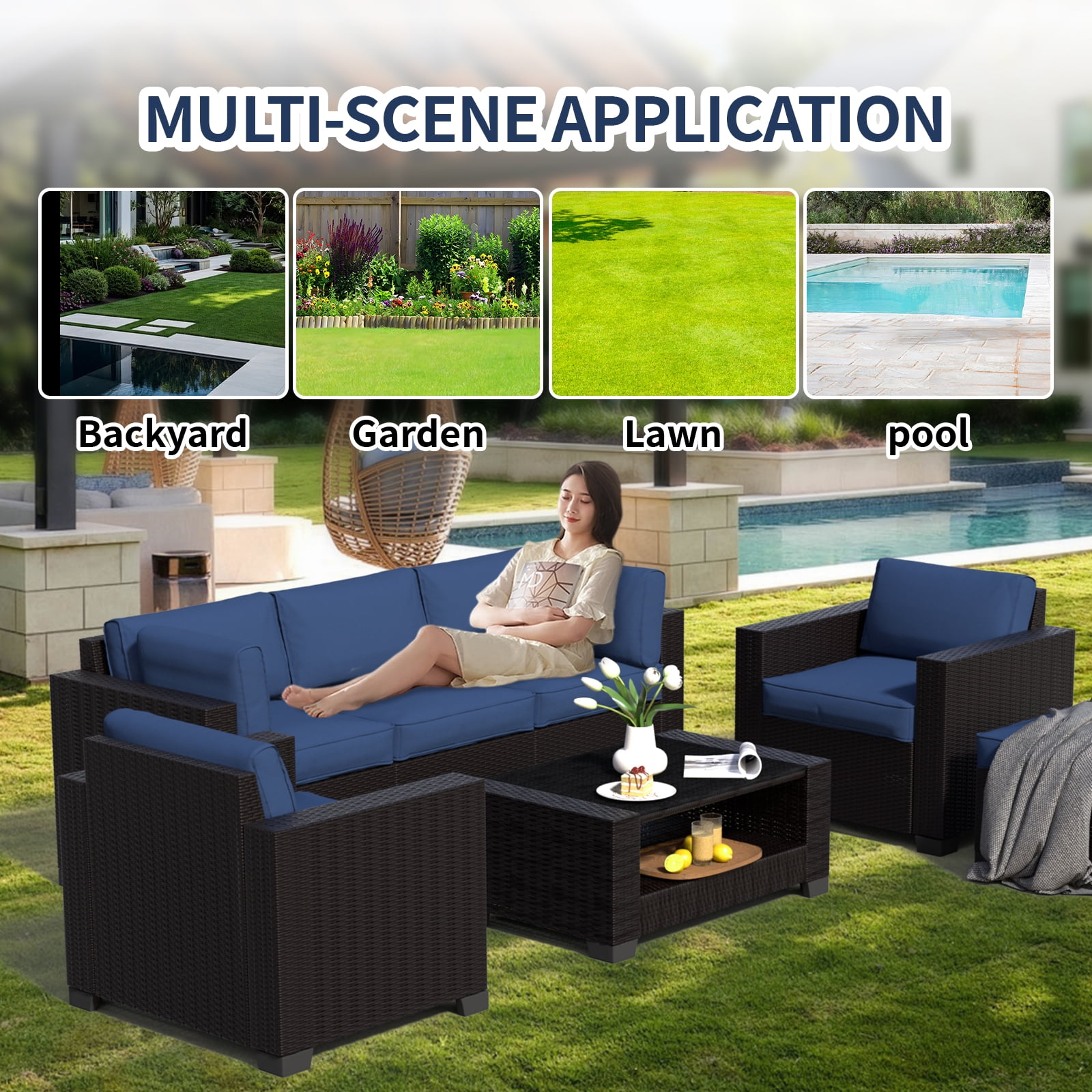SHGJ&SOFT 7 Piece Patio Furniture Set, Wicker Outdoor Sectional Sofa with Washable Cushion Covers and Tempered Glass Table, Rattan Conversation Set for Poolside, Lawn, Balcony