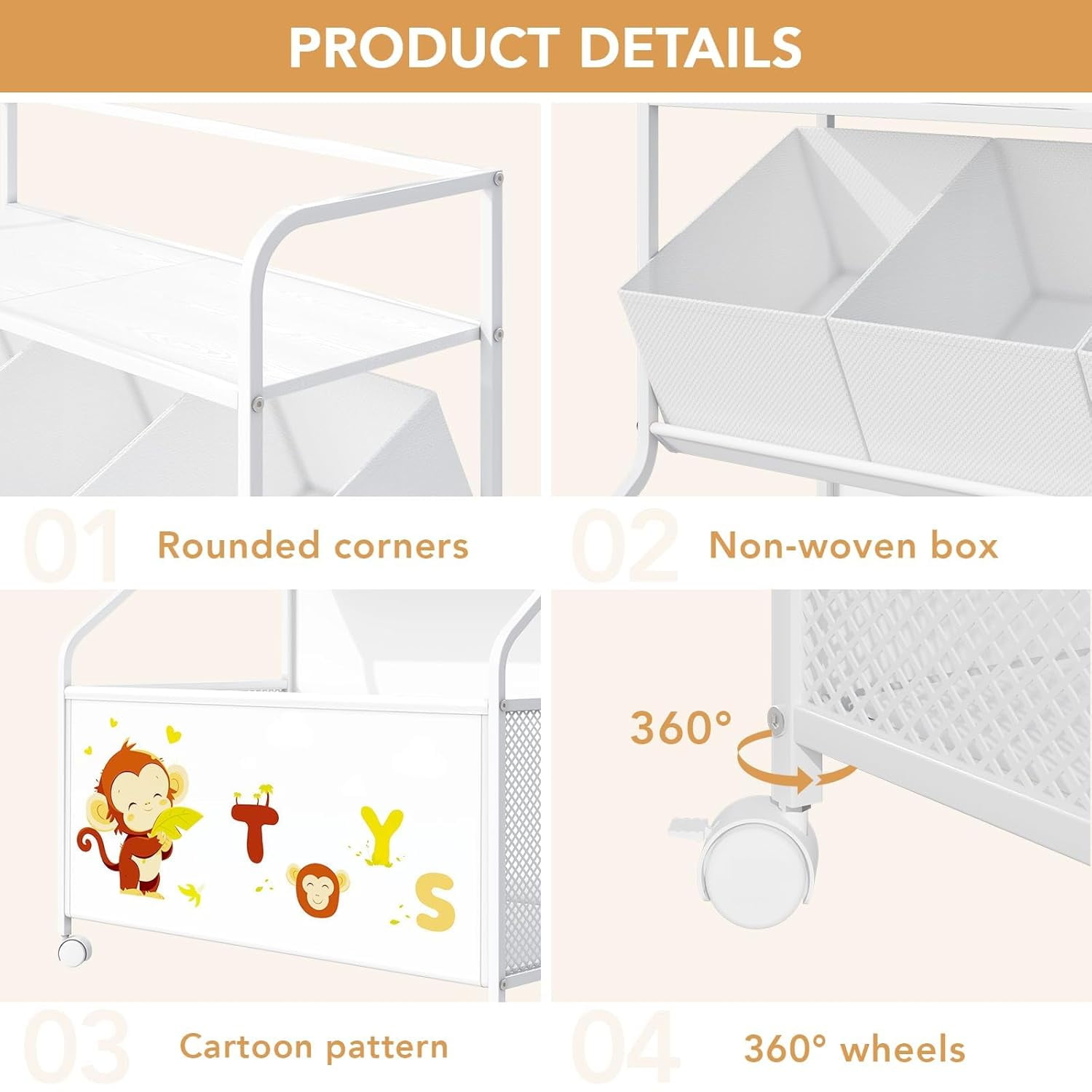Toy Storage Organizer with Wheels - 3-Tier Kids Large Toy Box, Toy Chest Storage for Boys Girls Toddlers, Kids Bookshelf with 3 Fabric Toy Boxes for Playroom, White