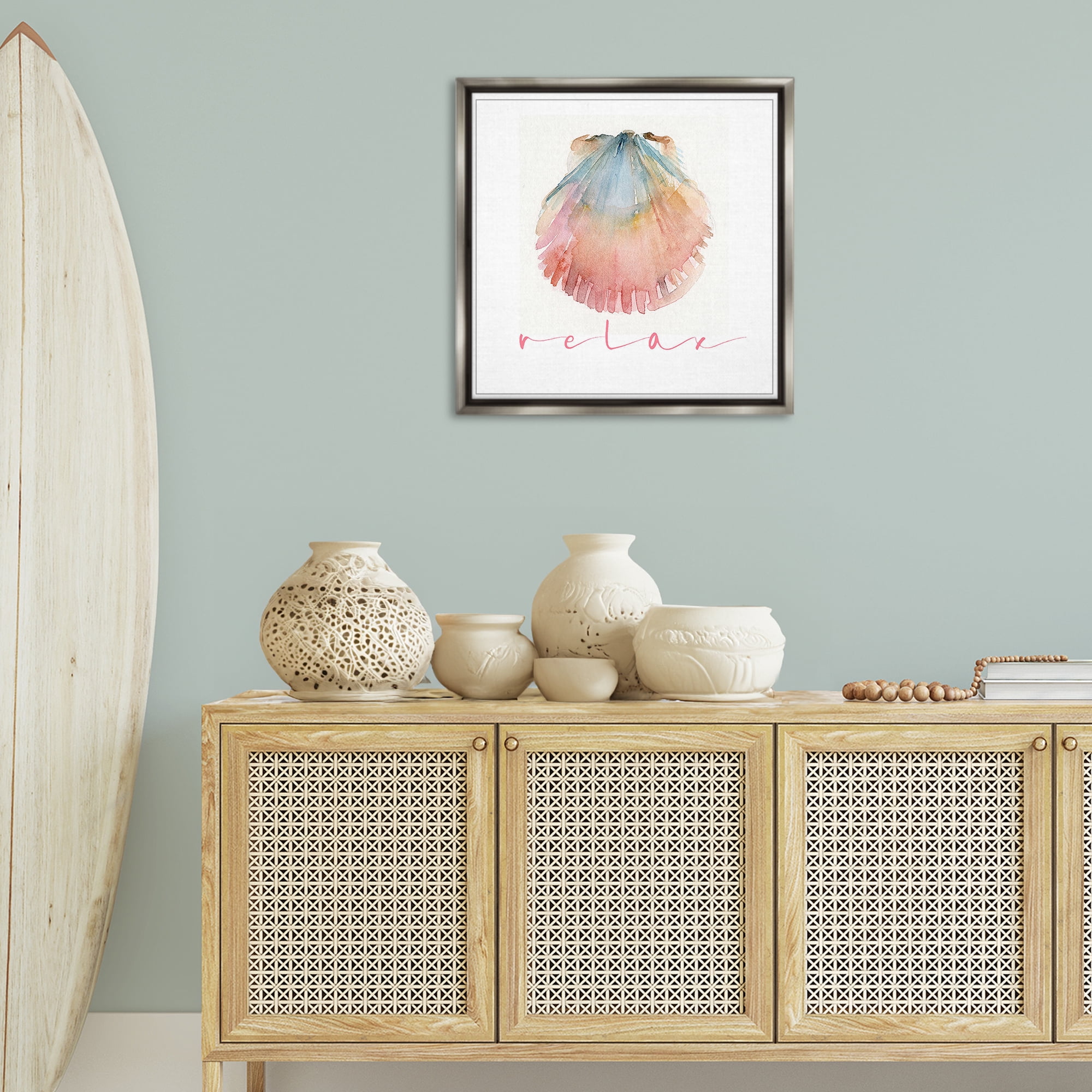 Stupell Industries Scallop Shell Relax Nautical & Beach Painting Gray Floater Framed Canvas Art Print Wall Art, 25 x 25