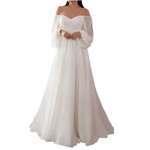 QIPOPIQ Women's Puffy Long Sleeve Prom Dresses with Slit Off Shoulder Tulle Wedding Formal Evening Gowns Summer Clearance