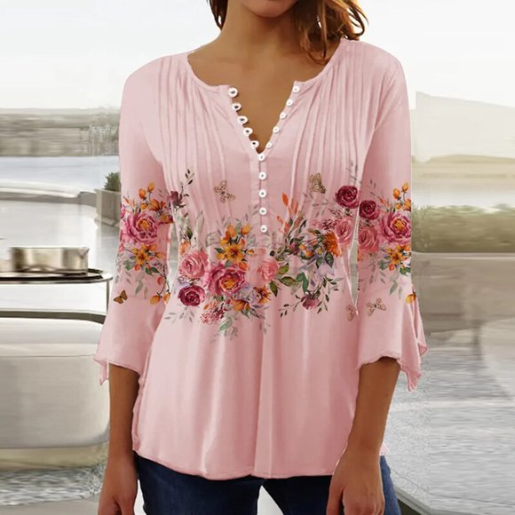 Yanluna 2024 Chemises Imprimées 3D Tendance pour Femmes Printemps Été Manches 3/4 Col en V Boutons Blouse Chemise Élégante Manches Longues