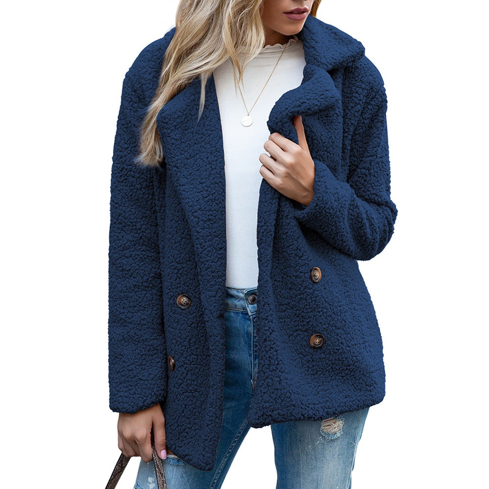 Jacket Women Women's Solid Color Winter Buttoned Jackets with Pockets Casual Style Coats for Women Blue L - image 2