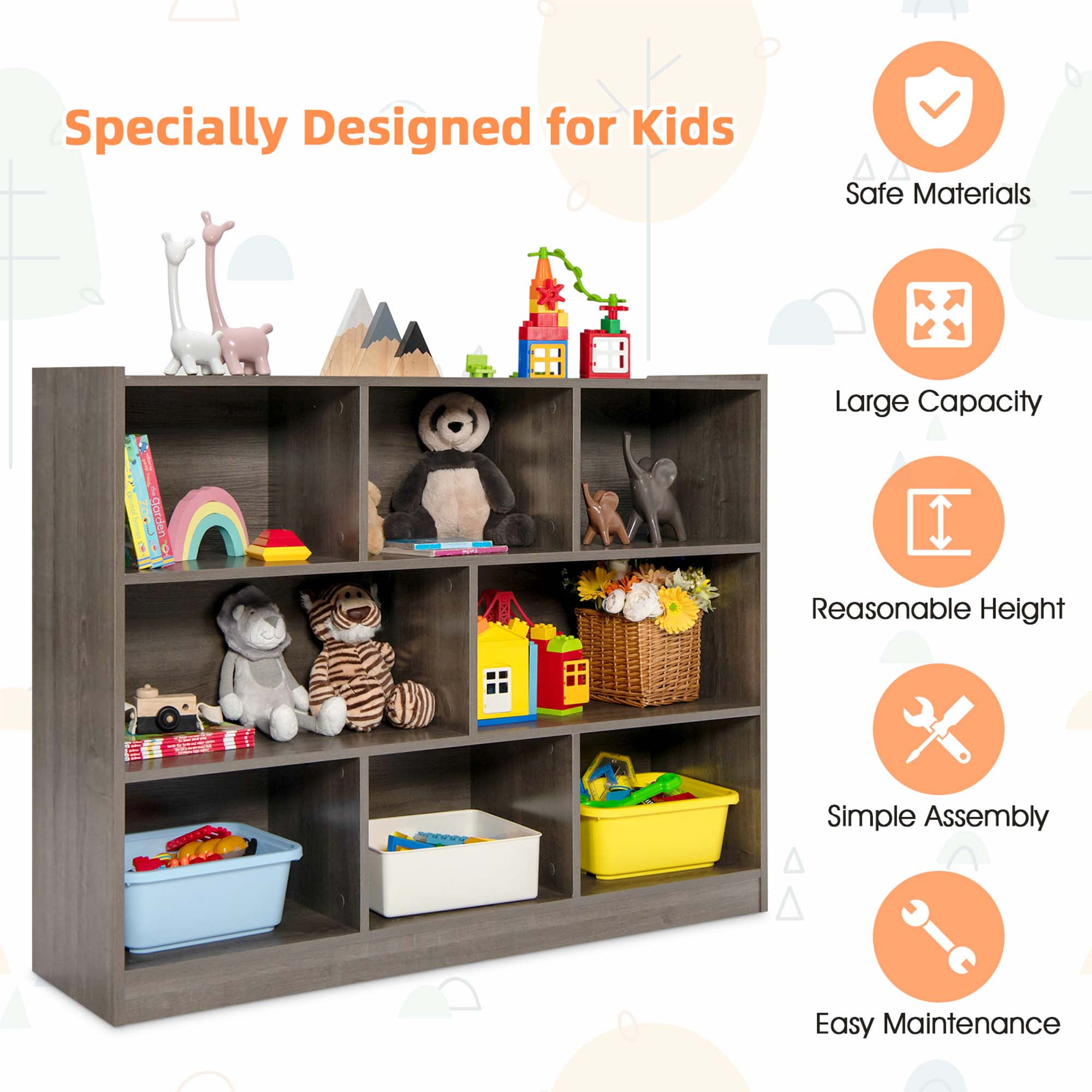 Costway 3-tier Open Bookcase 8-Cube Bookshelf Storage Display Cabinet French Oak Gray