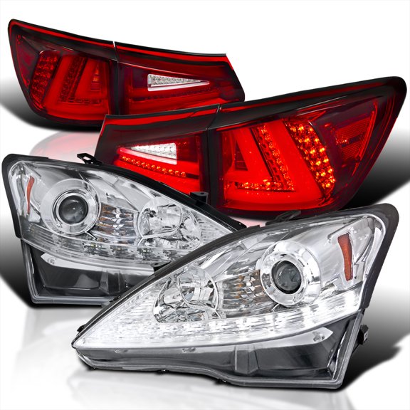 Spec-D Tuning Chrome SMD LED Signal Projector Headlights   Red Led Tail Lamps for 2006-2008 Lexus Is250 Left   Right Pair