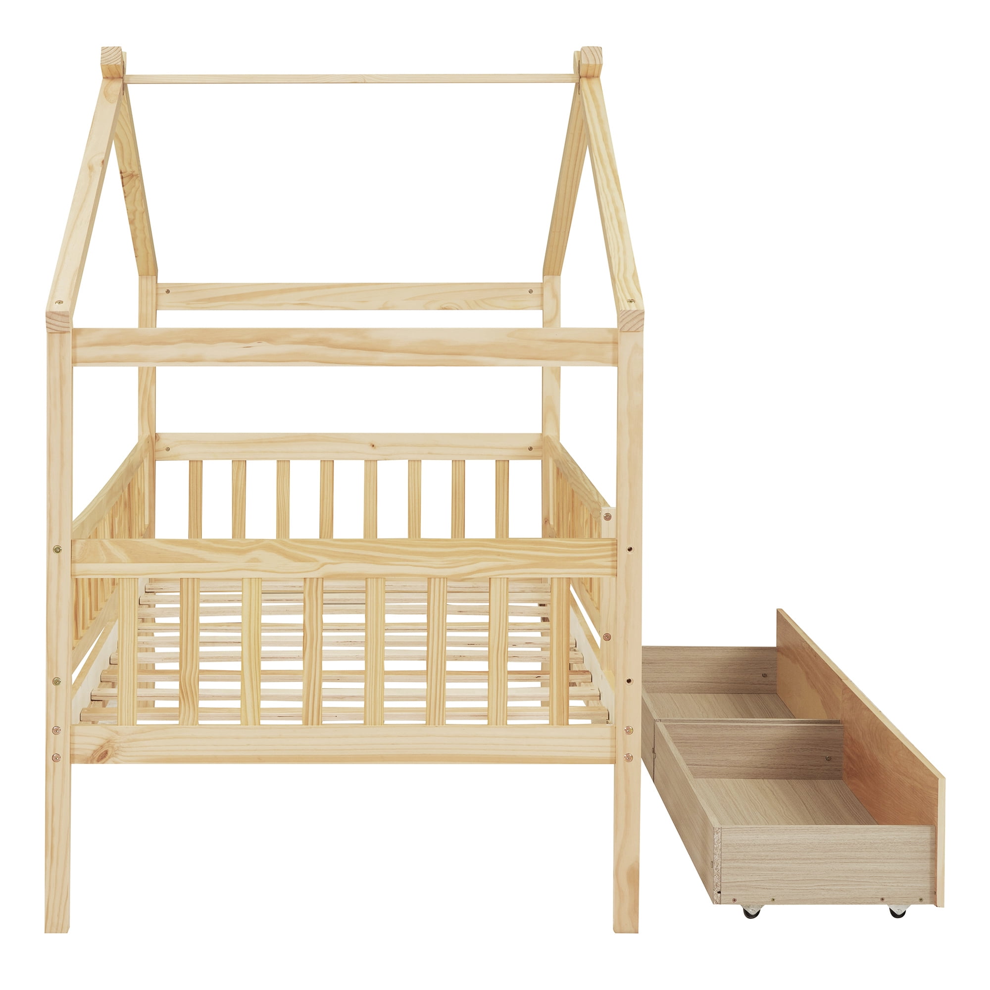 Harper & Bright Designs Twin House Bed with 2 Storage Drawers, Twin Bed Frame with Rails and Roof, Wooden Tent Montessori Bed for Girls & Boys, Natural