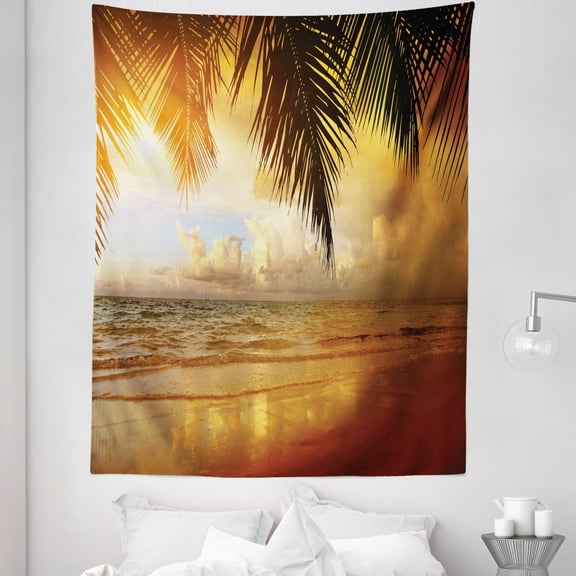 Beach Tapestry, Sunset on the Beach of Caribbean Sea Waves Coast with Palm Tree, Fabric Wall Hanging Decor for Bedroom Living Room Dorm, 5 Sizes, Dark Orange Pale Blue, by Ambesonne