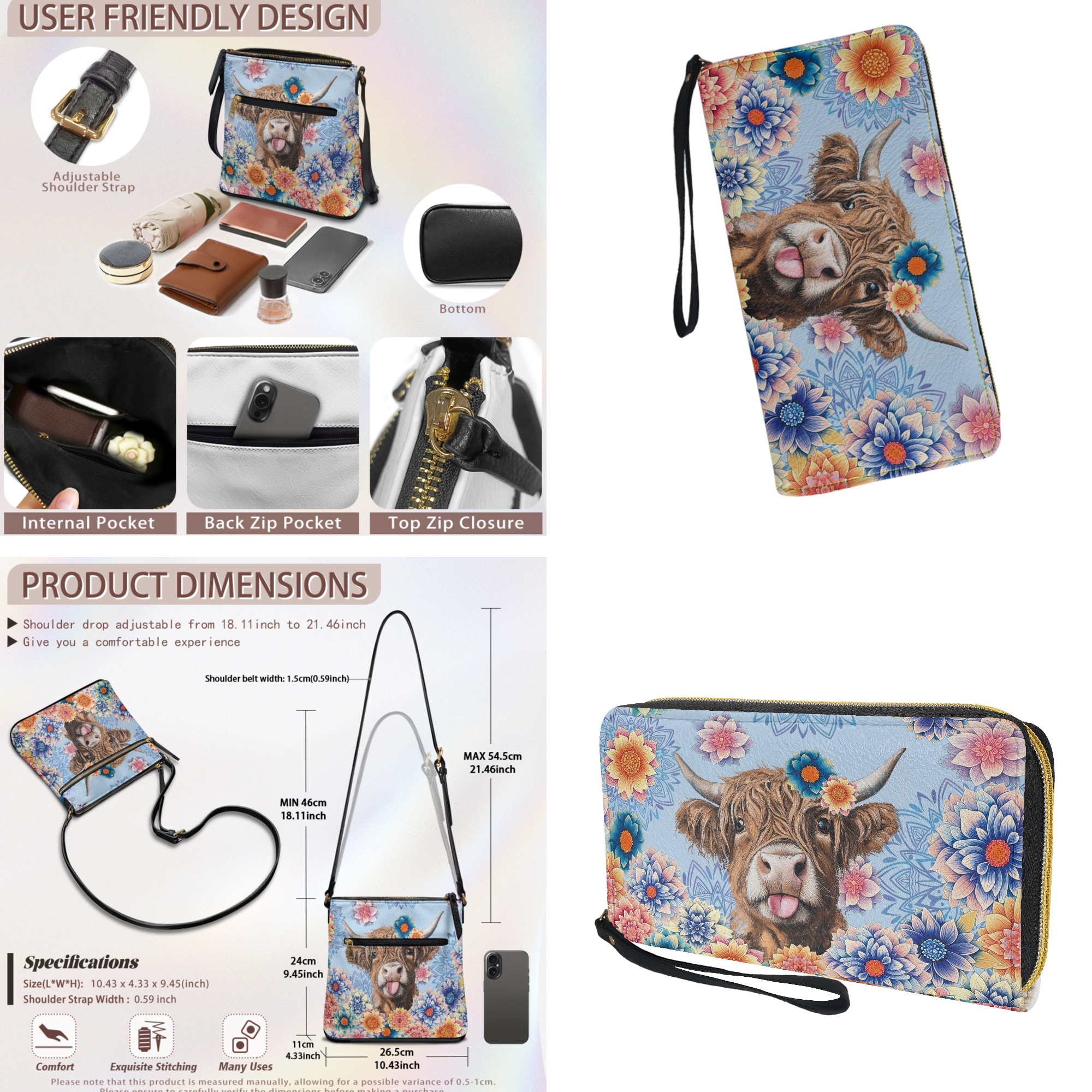 ZUXONGSY Highland Cow Mandala Print Hobo Crossbody Bag Set for Women Lady, Leather Satchel Purse Multi Pocket Crossbody Shoulder Handbag Medium Size Messenger Bag with Adjustable Strap
