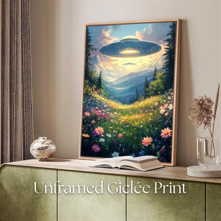 Ufo Flower Meadow Print Surreal Alien Abduction Art Unframed Paper Poster 11x14in
