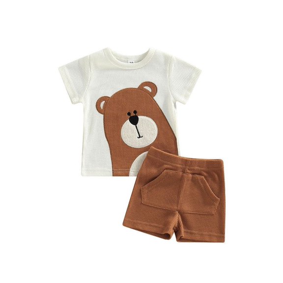 Baby Boy Bear Patched Waffle T-Shirt And Shorts Set.