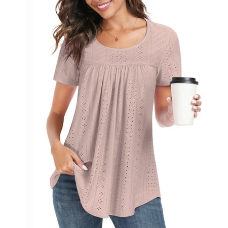 JuneFish Women's Tops Summer Sleeve Shirts Eyelet T Shirt Hollow Casual Blouse