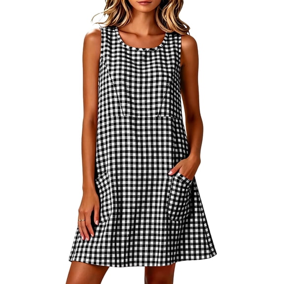 CBASIHI Womens Sleeveless Gingham Dresses with Pockets- Loose Fit Summer Crew Neck Casual Beach Vacation A Line Sundresses Black Size S-3XL