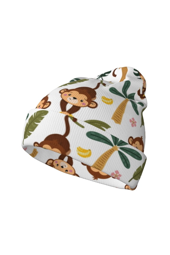 Monkeys Swinging from Palms Pattern Knitted Beanie Hat for Men and Women , Unisex Winter Warm Stretchy Knit Cap Thick Fisherman Beanies Cuffed Plain Skull Caps