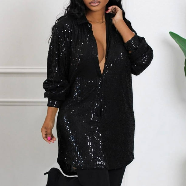 BLVB Women's Sequin Sparkly Button Down Shirt Dress Long Sleeve