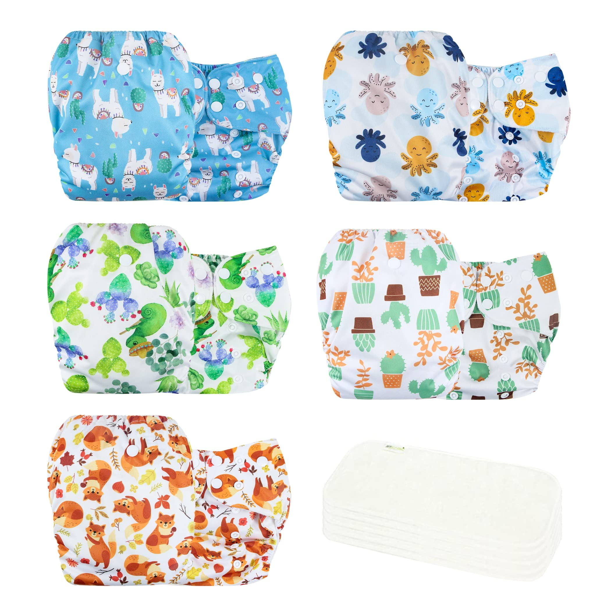 Nearkoi Baby Cloth Diapers One Size Adjustable Washable Reusable Baby Cloth Pocket Diapers 5 Pack Colored Sunlight 5 Bamboo Inserts 