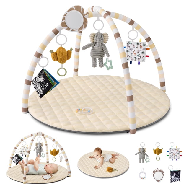 Colchoneta de gimnasio Baby Play Blissful Diary, color beige arenoso, con 6 juguetes