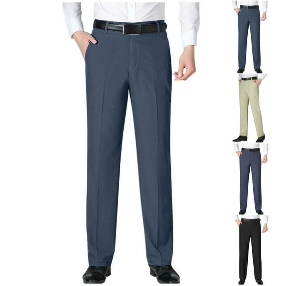 Brondbend Business Casual Mens Pants Straight Pants for Men Stretch High Waist Zipper Trousers with Pocket Solid Comfortable Flat Front Trousers Classic Fit Outdoor Suit Pants