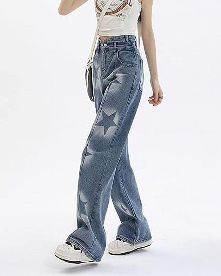 LinYooLi Y2K Baggy Jeans Star Patch Wide Leg Pants Alt Emo