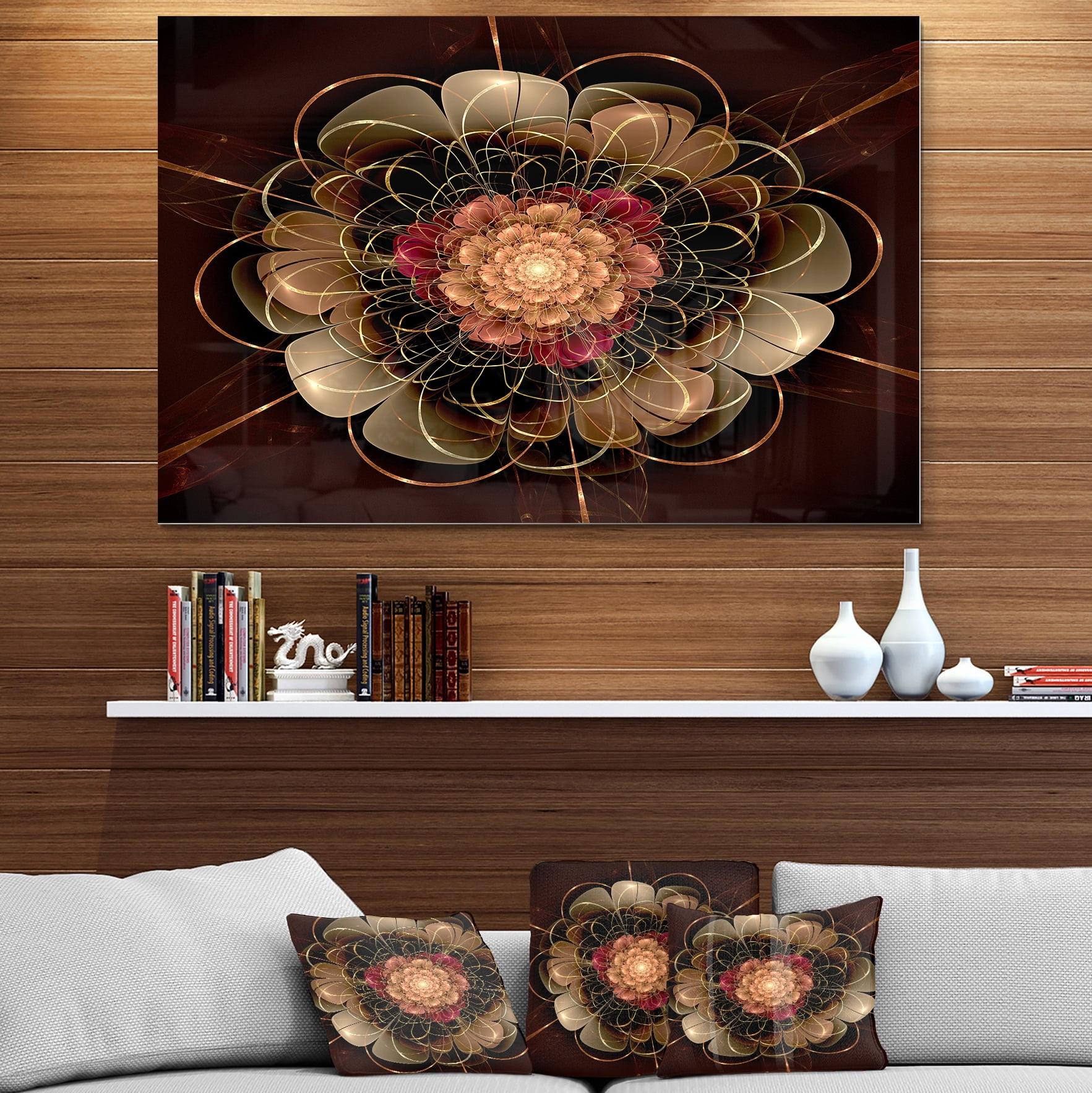 Designart 'Dark Gold Red Fractal Flower Pattern ' Extra Large Floral Wall Art