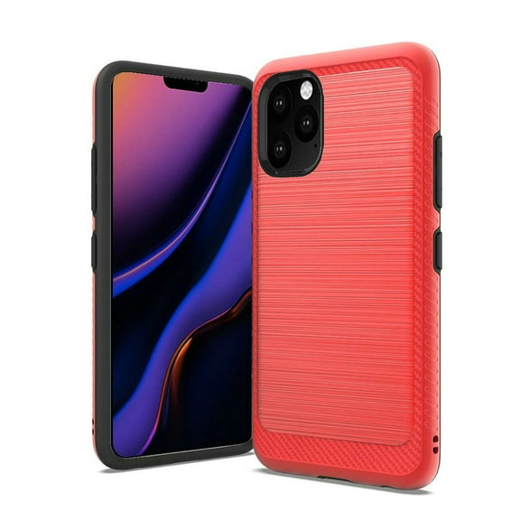 For Apple iPhone 13 Pro (6.1") Slim Thin Hybrid TPU 2-Piece Bumper Shockproof with Brushed Metal Texture Carbon Fiber Hard PC Back Cover ,Xpm Phone Case [Red]