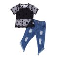 thumbnail image 1 of TheFound Girls 3PCS Outfit Set Sheer Tops Sling Crop Tops Long Denim Pants Suit, 1 of 10