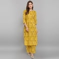thumbnail image 3 of Janasya Indian Keyhole Neck 3/4 Sleeve Ikkat Yellow Cotton Kurta With Palazzo For Women, 3 of 8