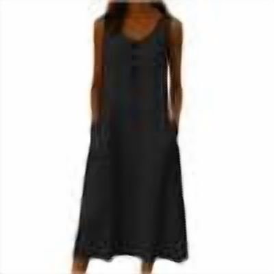 Yangnuo Women's Washed Wrinkle Cotton Linen Dress Ladies Crew Neck Sleeveless Casual Maxi Dress with Buttons & Side Pockets, Solid Loose Fit. Black L
