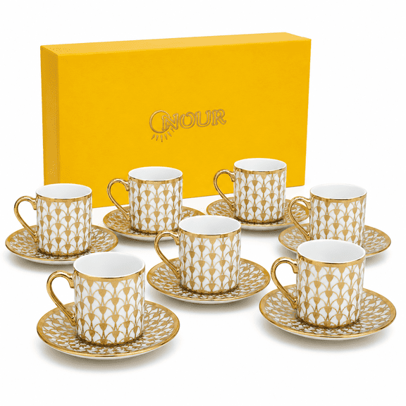 Nour Bone China Coffee Cup and Saucer Set, Style N, 12 Piece Set with 6 Cups and 6 Saucers