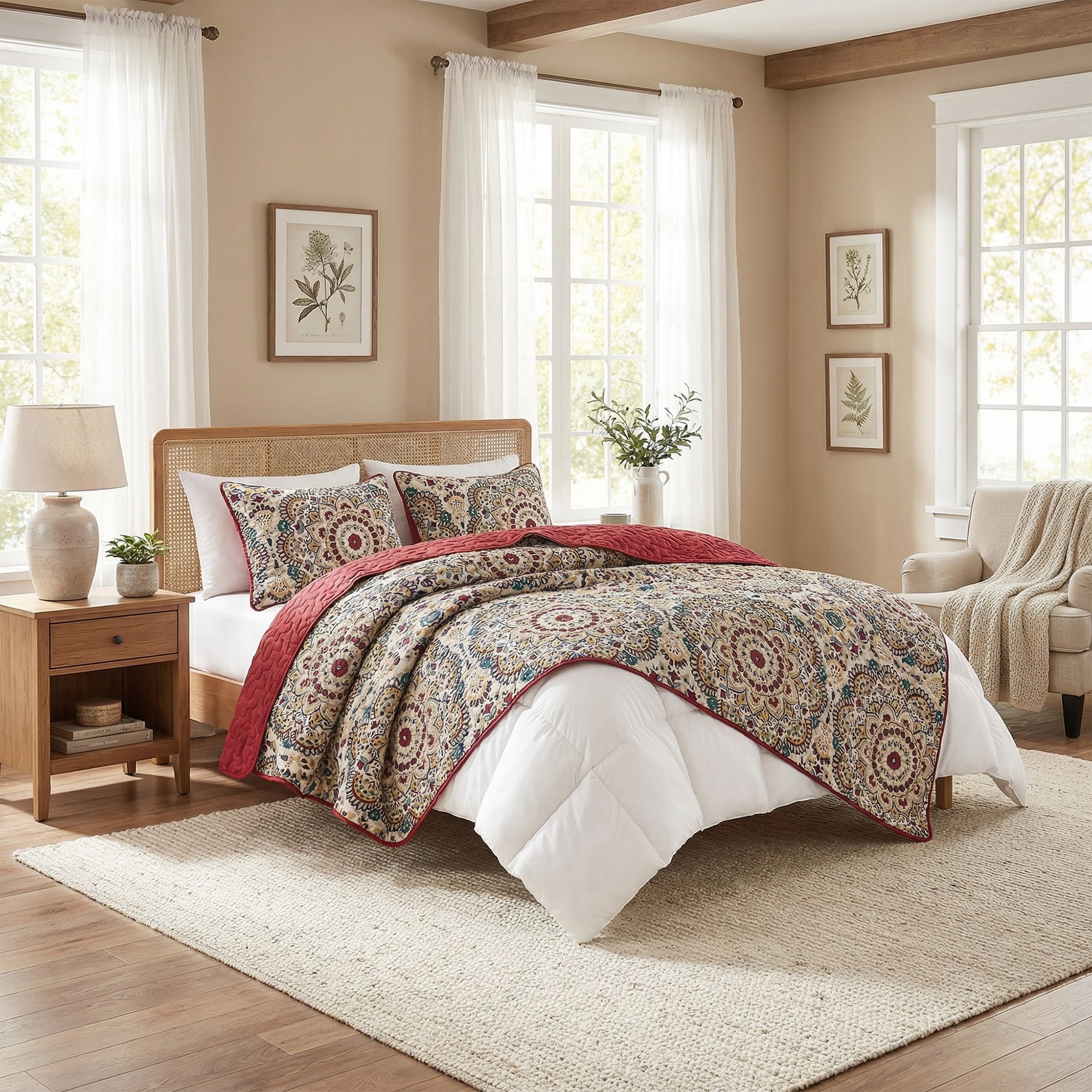 Regency Heights Twin/Twin Quilt Set, 3-Piece Reversible Bedspread Coverlet Set, Red Quilted Bedding Set with Shams for All Season