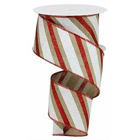 Burlap Red White Glitter Stripe Wired Ribbon Christmas | 10 Yard x 2.5 Inches