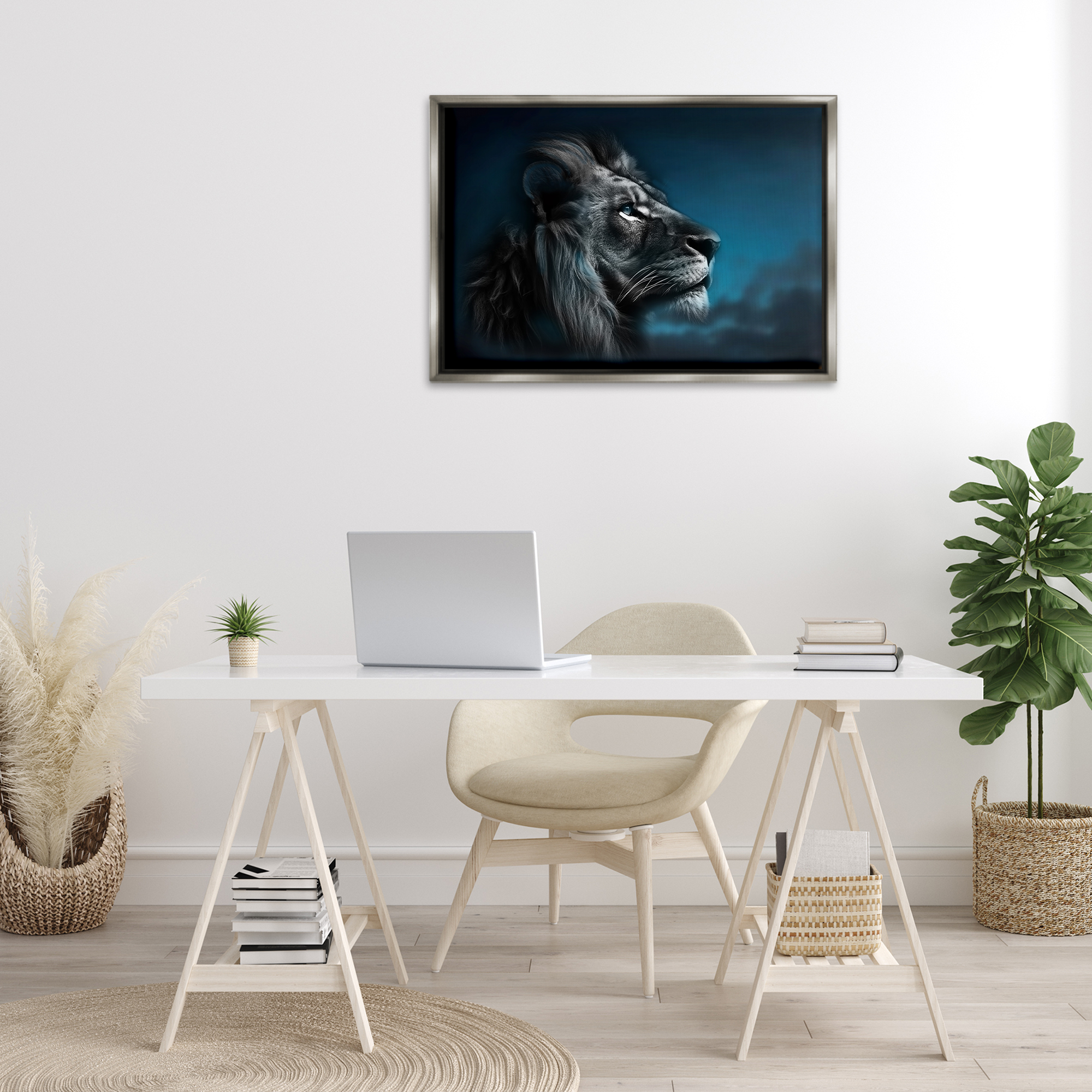Stupell Industries Intense Gazing Lion Animals & Insects Painting Gray Floater Framed Canvas Art Print Wall Art, 31 x 21